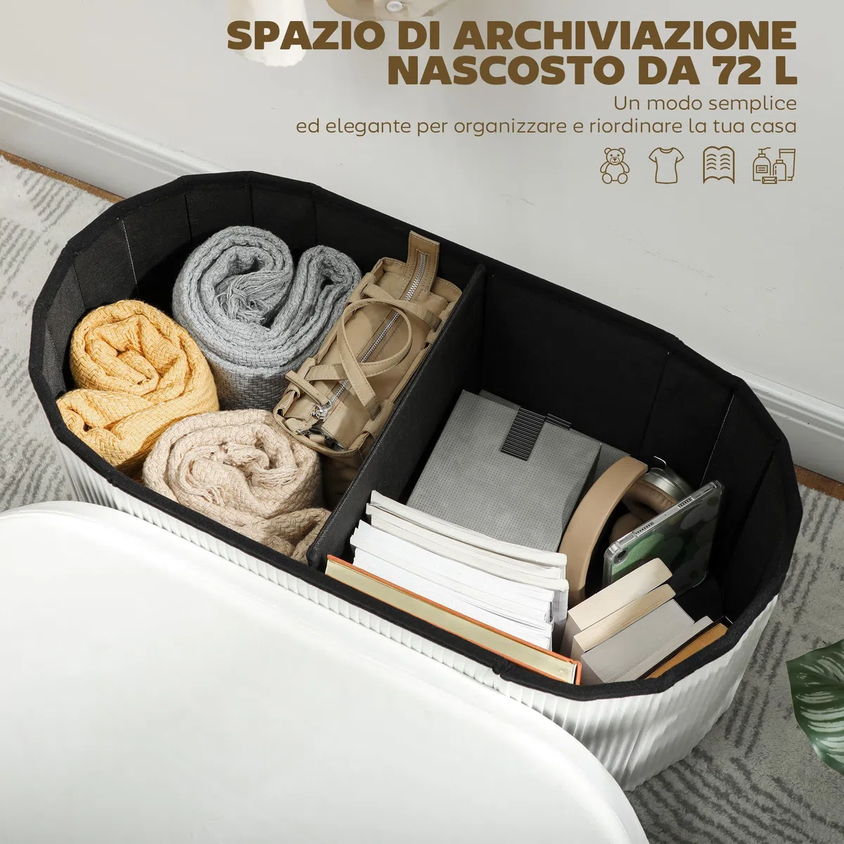 HOMCOM Pouf Contenitore Pieghevole, Panca Moderna Imbottita con Rivestimento in Velluto, Poggiapiedi con Contenitore da 72L per Salotto e Camera, 76x38x35 cm, Crema