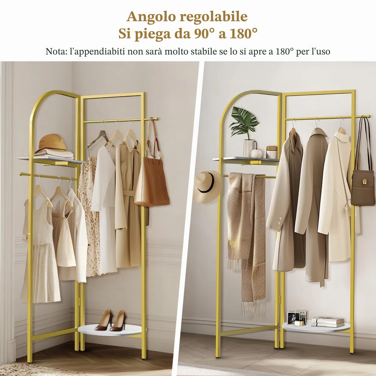 unho Appendiabiti ad Angolo Metallo Dorato: Oro Appendiabiti da camera da Terra Appendiabiti Ingresso Attaccapanni Porta abiti da camera da letto Salvaspazio con Ripiano Asta 175x44 cm