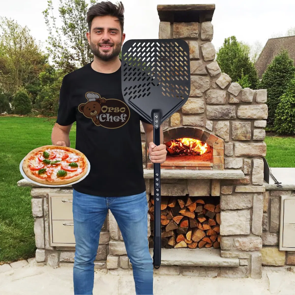 Pala per Pizza doppia misura 79-110 Cm. Pala in Alluminio, Pala pizza forata - Nuova foratura Professionale per infornare pizza pane e focaccia Orso Chef
