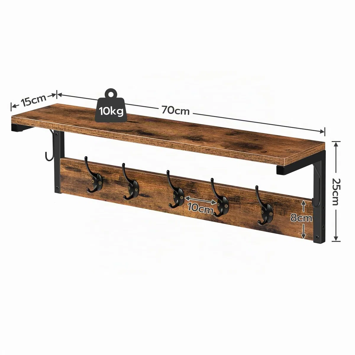 HOOBRO Appendiabiti da Ingresso, Attaccapanni da Parete, Mensola da Muro, con 7 Ganci e Mensola, per Ingresso, Soggiorno, Cucina, Marrone Vintage e Nero EBF16YM01
