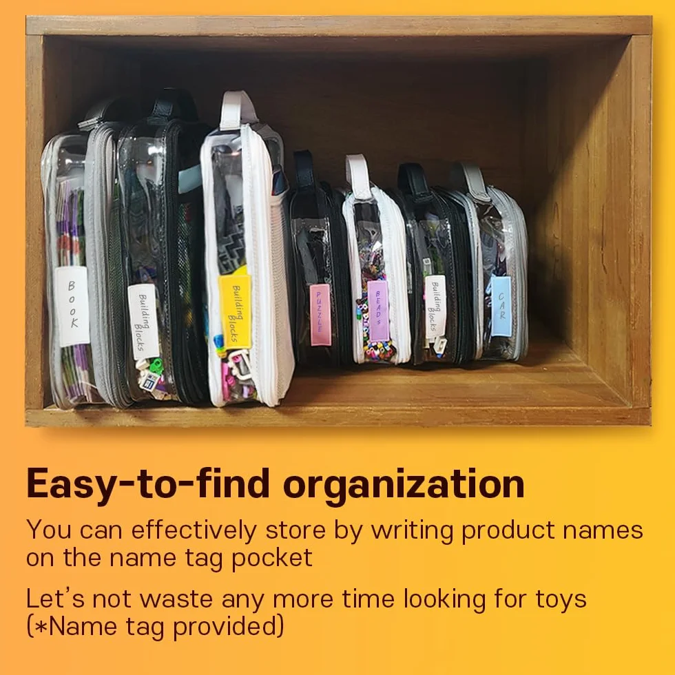 holay Set da 4 Buste Organizer PVC per Giocattoli con Cerniera, Targhetta Nome & Tasca Manuale, Custodia Trasparente per Mattoncini, Plastilina, Giochi da Tavolo, Viaggio (Grigio, Piccolo, Grande)