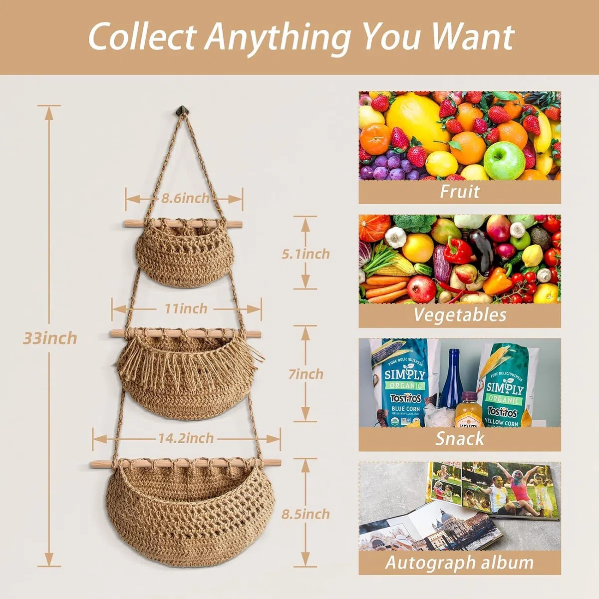 4 cestini da appendere alla parete, per frutta e verdura, in corda di iuta intrecciata, da appendere alla parete, organizer da appendere alla porta, con 8 ganci, per cucina, camera da letto, bagno