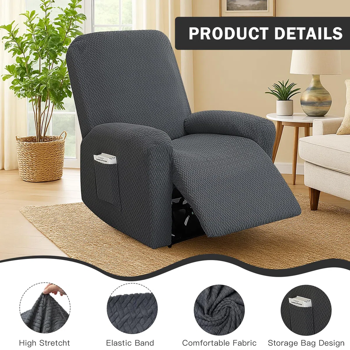 Copripoltrona 1 Posto Elasticizzato, Copripoltrona Relax Reclinabile con Tasca, Jacquard Rigato Tutto Compreso per Poltrona TV (Grigio Scuro, 4 Pezzi)
