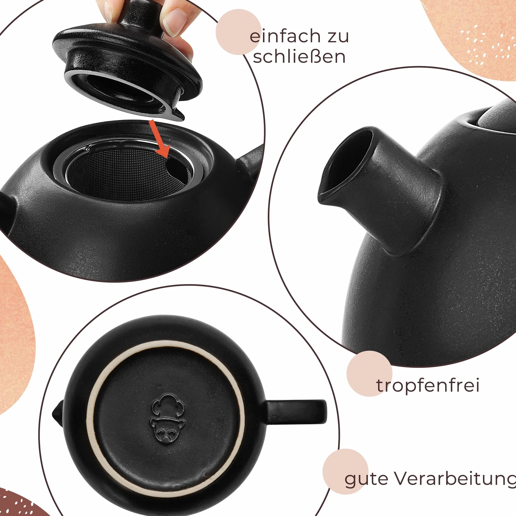Grande teiera con filtro – 1,4 l – Teiera in ceramica – moderna teiera con colino per tè sfuso, robusta e insapore (antracite)