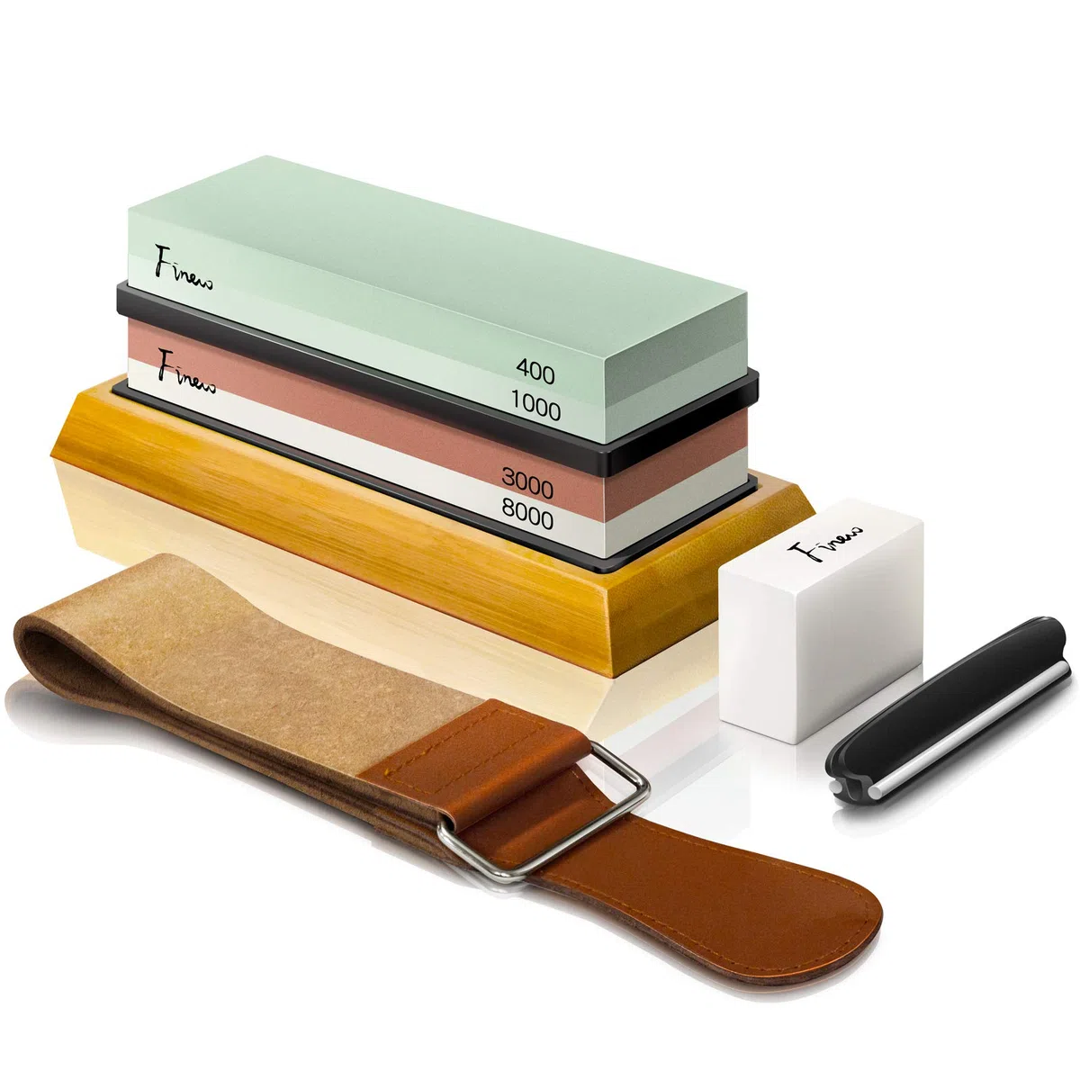 Finew Set Pietra per Affilare, 2-in-1Affilatore, set di pietre da affilare double-face 400/1000 3000/8000 grana, con base in bambù antiscivolo, pietra per spianare, guida angolare e strisce di cuoio