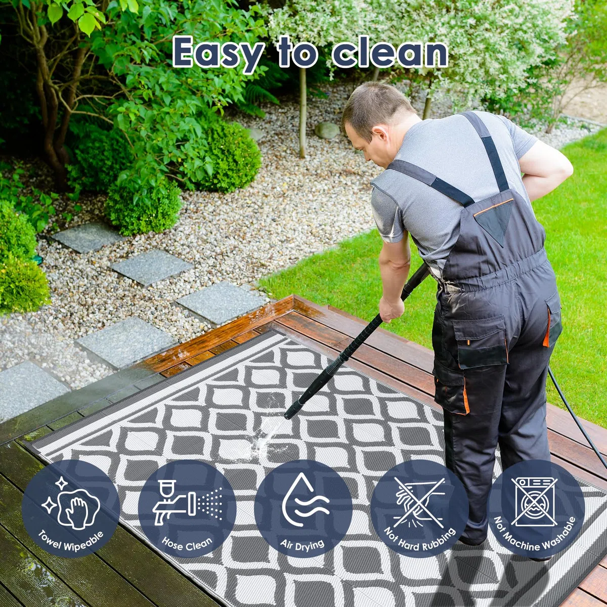 VK·LIVING Tappeto da Esterno Impermeabile 150X240cm Tappeto da Giardino Reversibile Tappeto da Esterno Moderno in Plastica Tappeti d'area Leggeri e Portatili per Balcone Campeggio Grigio&Bianco