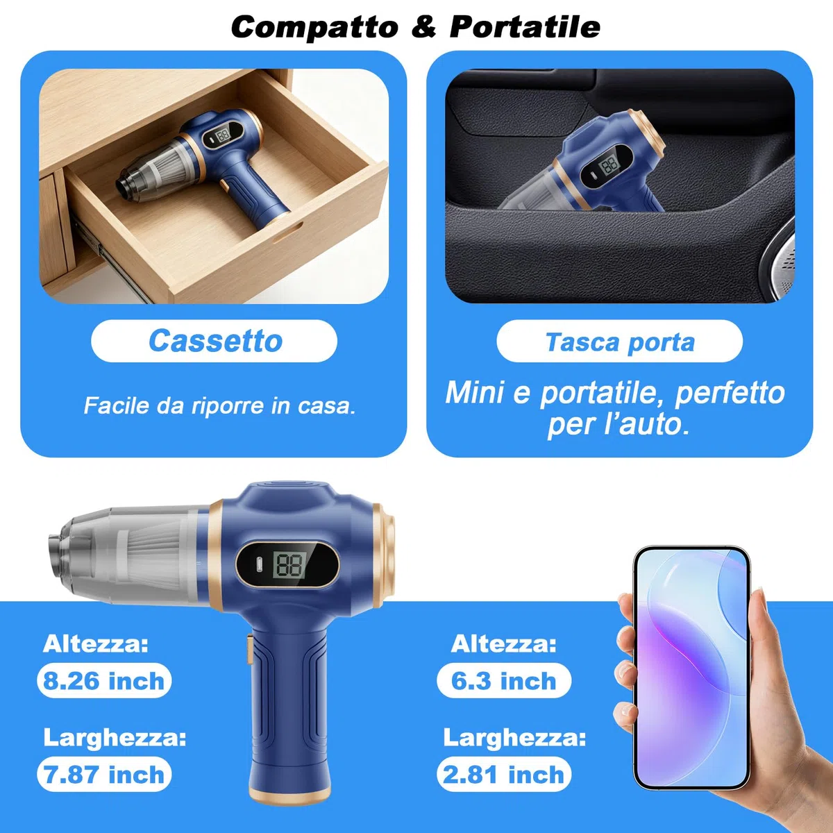 Aspirapolvere Portatile per Auto Senza Fili, Mini Aspirapolvere Manuale Ricaricabile con Display LCD e Multi-Bocchette, Alta Potenza per Auto, Casa, Ufficio, Divano, Peli di Animali, Tastiera