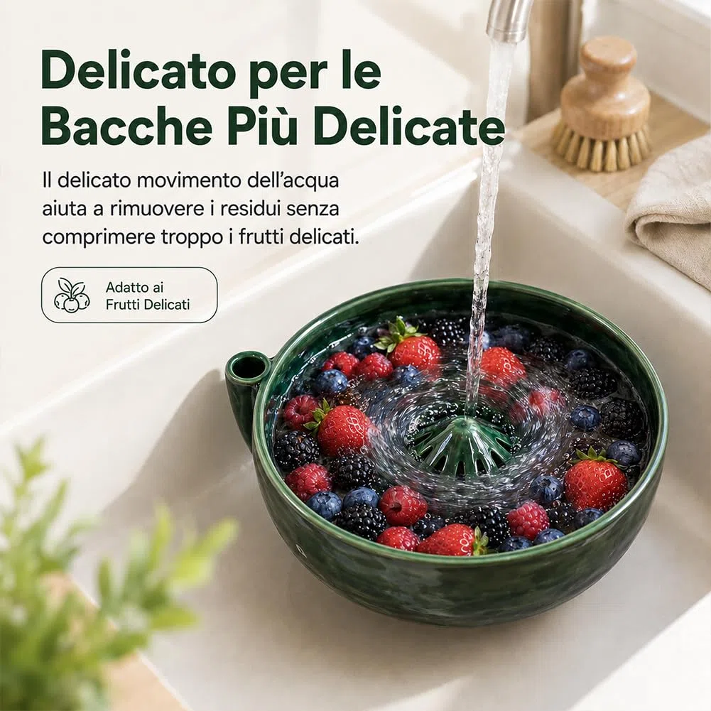 Ciotola Lavaggio Bacche con Scarico, Lava Frutta Vortice in Plastica o Ceramica, per Mirtilli, Fruttini e Frutti di Bosco (Verde)