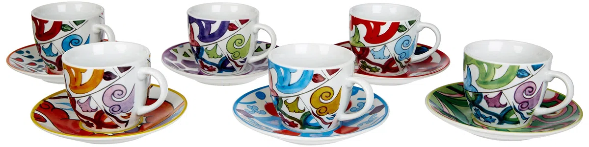 Excelsa Lisbona Set 6 Tazzine da caffè con Piattino, Porcellana, Multicolore