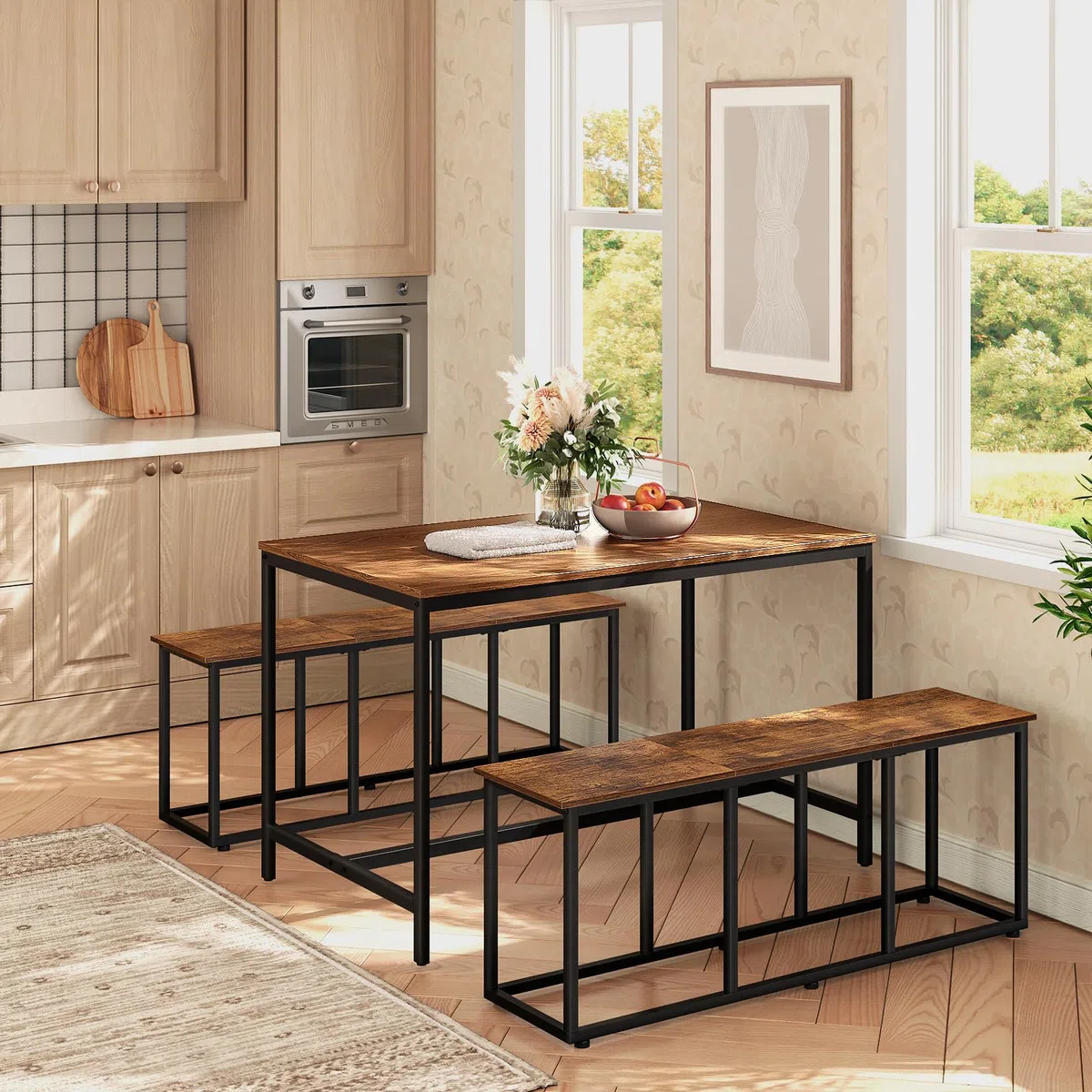 HOOBRO Sgabello da Pranzo, Panca da Cucina, Panchina da Ingresso, Stile Industriale, Panchina da Letto, Facile da Montare, per Sala da Pranzo, Camera da Letto, Marrone Vintage e Nero EBF45CD01