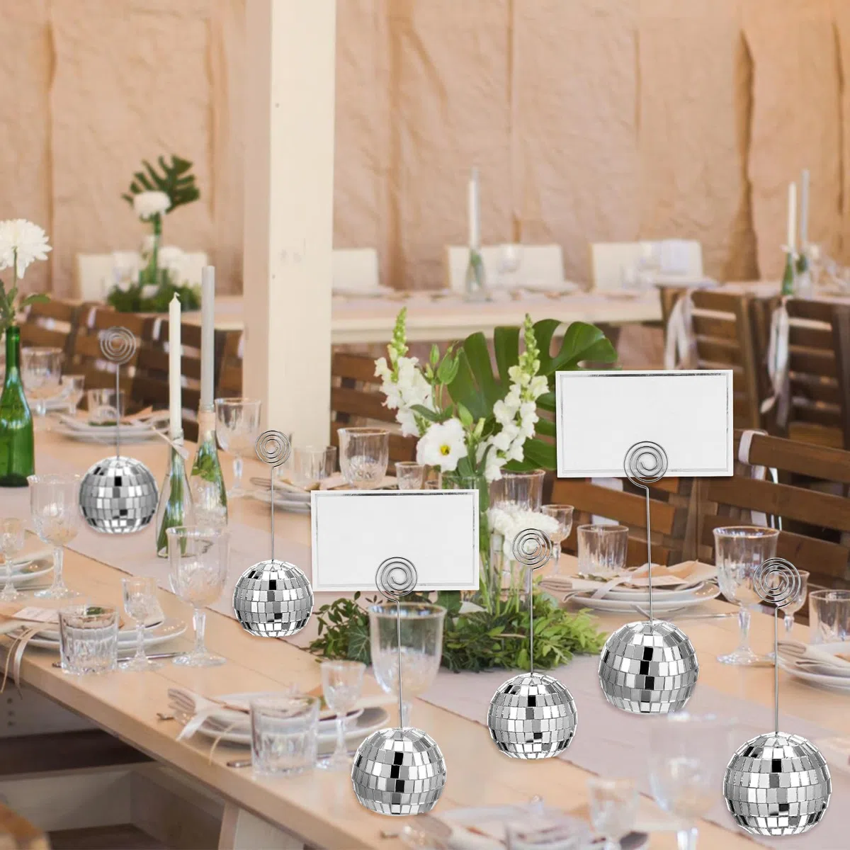 60 segnaposto argentati a forma di palla da discoteca, con filo a spirale, segnaposto per foto, centrotavola da discoteca, decorazione per menù, matrimoni, feste di compleanno, 5 cm