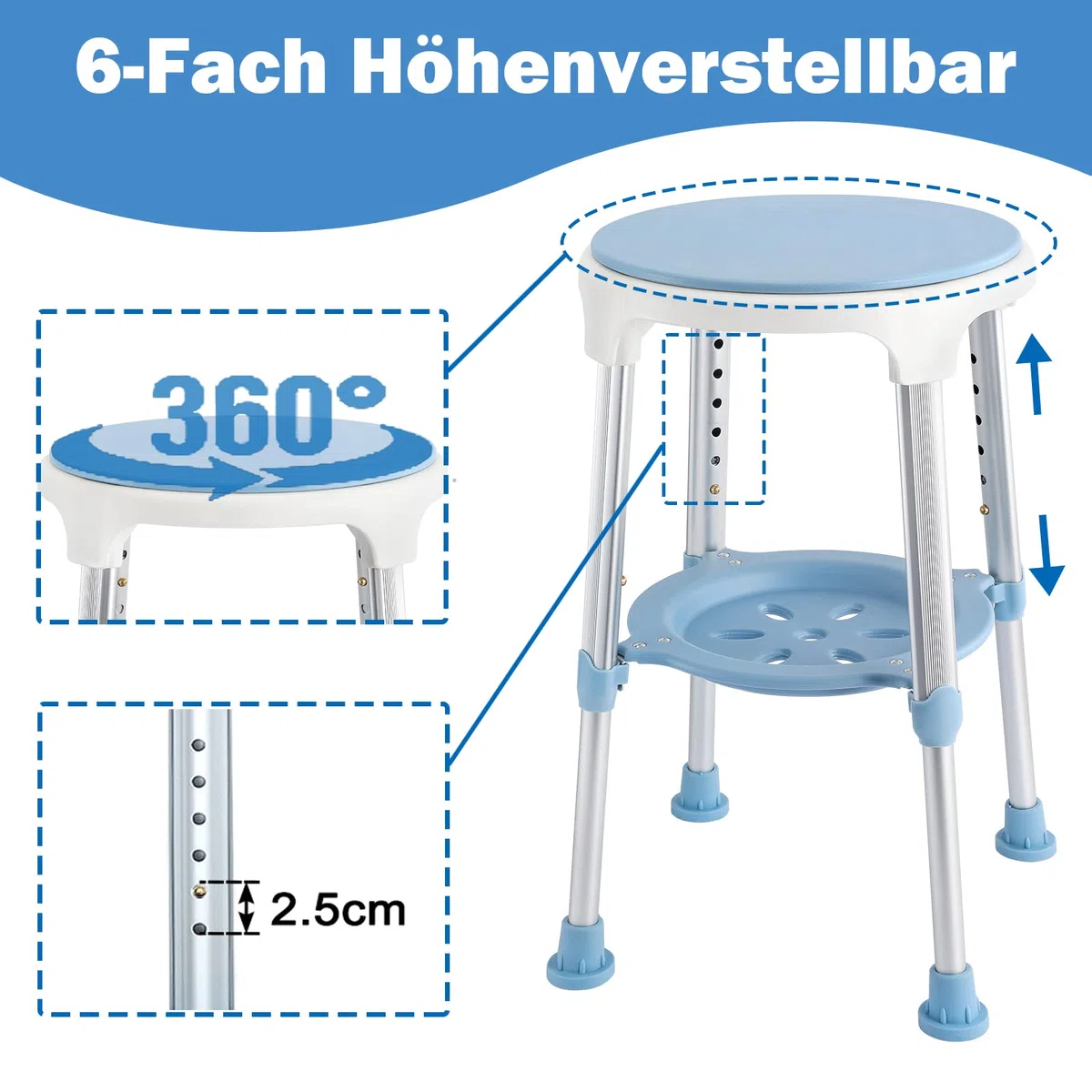 UISEBRT Sgabello doccia girevole, Sedia per doccia regolabile in altezza, Sgabello bagno per anziani, Piedini antiscivolo, con ripiano
