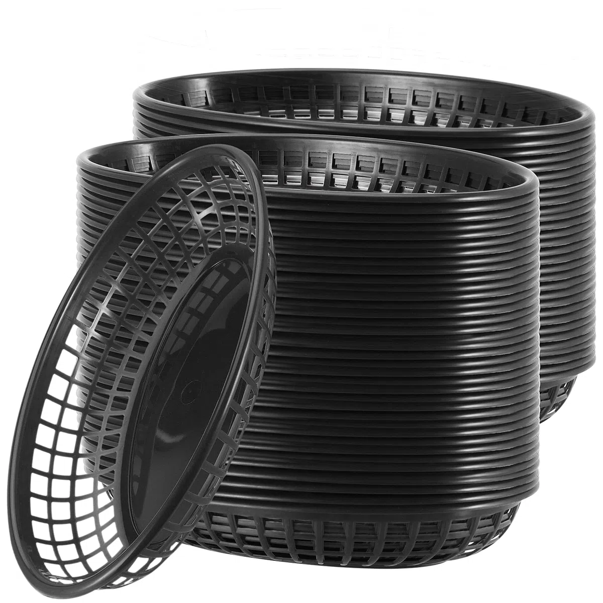 MUKCHAP 60 cestini ovali neri in plastica per fast food, 23 x 14,5 x 4 cm, cestini ovali per fast food, servire cibo per patatine, panini, hamburger