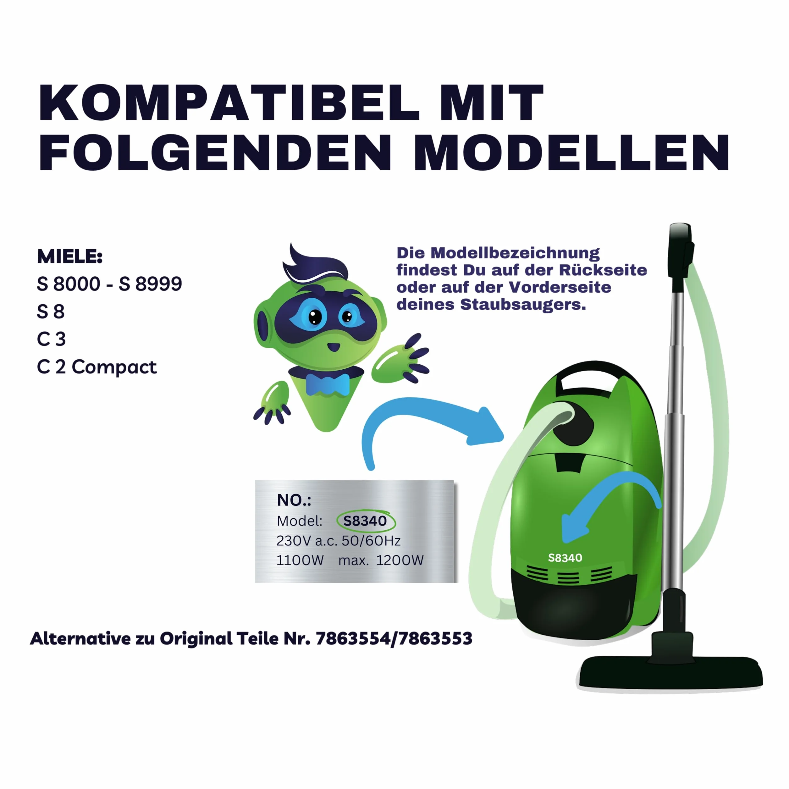 Tubo per aspirapolvere compatibile con tutti i modelli Miele S8, S8000, C3 Complete & C3 Compact (ad esempio S8330 S8340 S8390 83790 C3 EcoLine Cat&Dog PowerLine Silence ecc.) Ricambi per Miele 2,2m