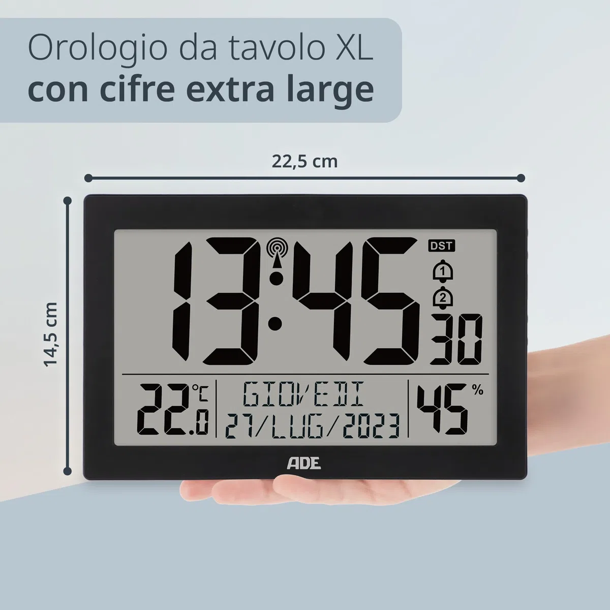 ADE Orologio digitale da tavolo o parete radiocontrollato | display XL | sveglia da comodino grande moderna | grandi numeri | con termometro e igrometro | perfetto per la cucina | nero