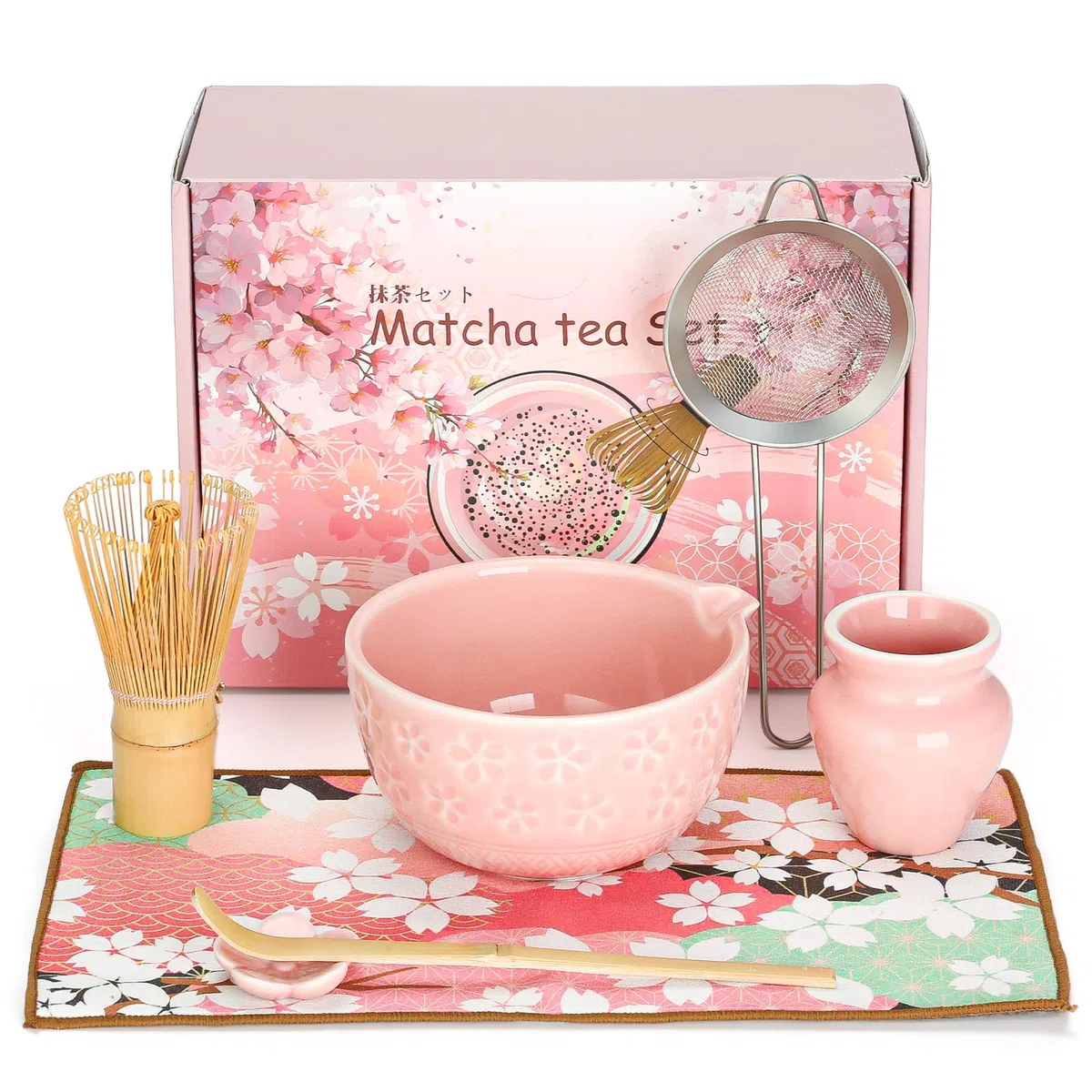 VINATO Matcha Set 7 Pezzi Kit Accessori Cerimonia del Tè, Matcha Polvere Kit con Ciotola Chawan in Ceramica con Beccuccio, Frusta in Bambù, Canovaccio per Gli Amanti Della Cerimonia del Tè, Rosa