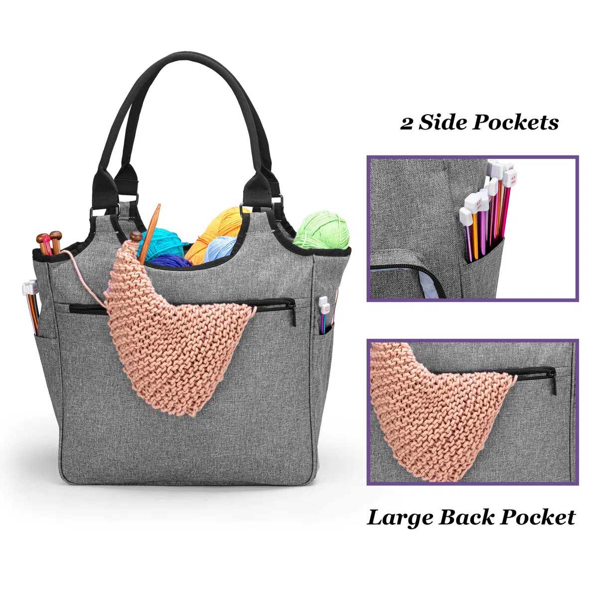 Yarwo Borsa Lavoro a Maglia, Organizer per Lana Gomitolo, Filati e Ferri da Maglia, Borsa da Trasporto per Lavoro a Maglia e Uncinetto Accessori, Grigio con Motivo Ovale