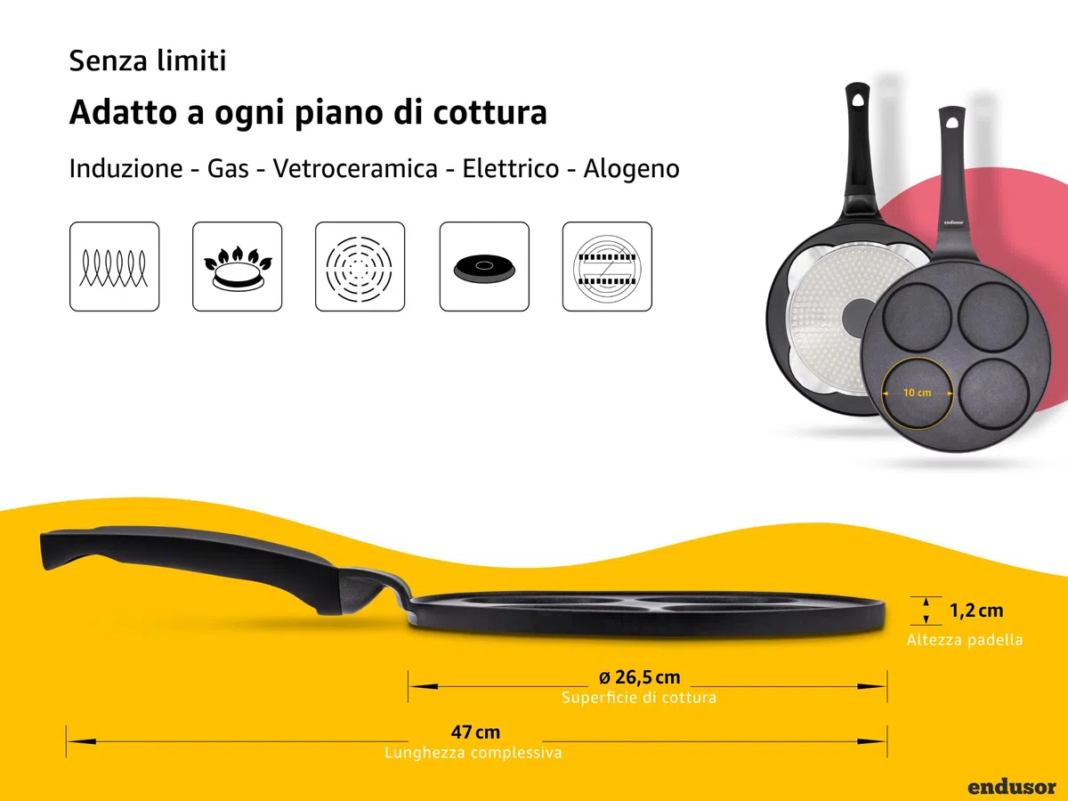 endusor Padella Pancake a induzione - Ø26cm padella per pancake antiaderente| Per Fornelli a Induzione Gas Ceramica Elettrici Alogeni | Piastra 4 stampi per Pancakes Uova Fritte Frittate Poffertjes