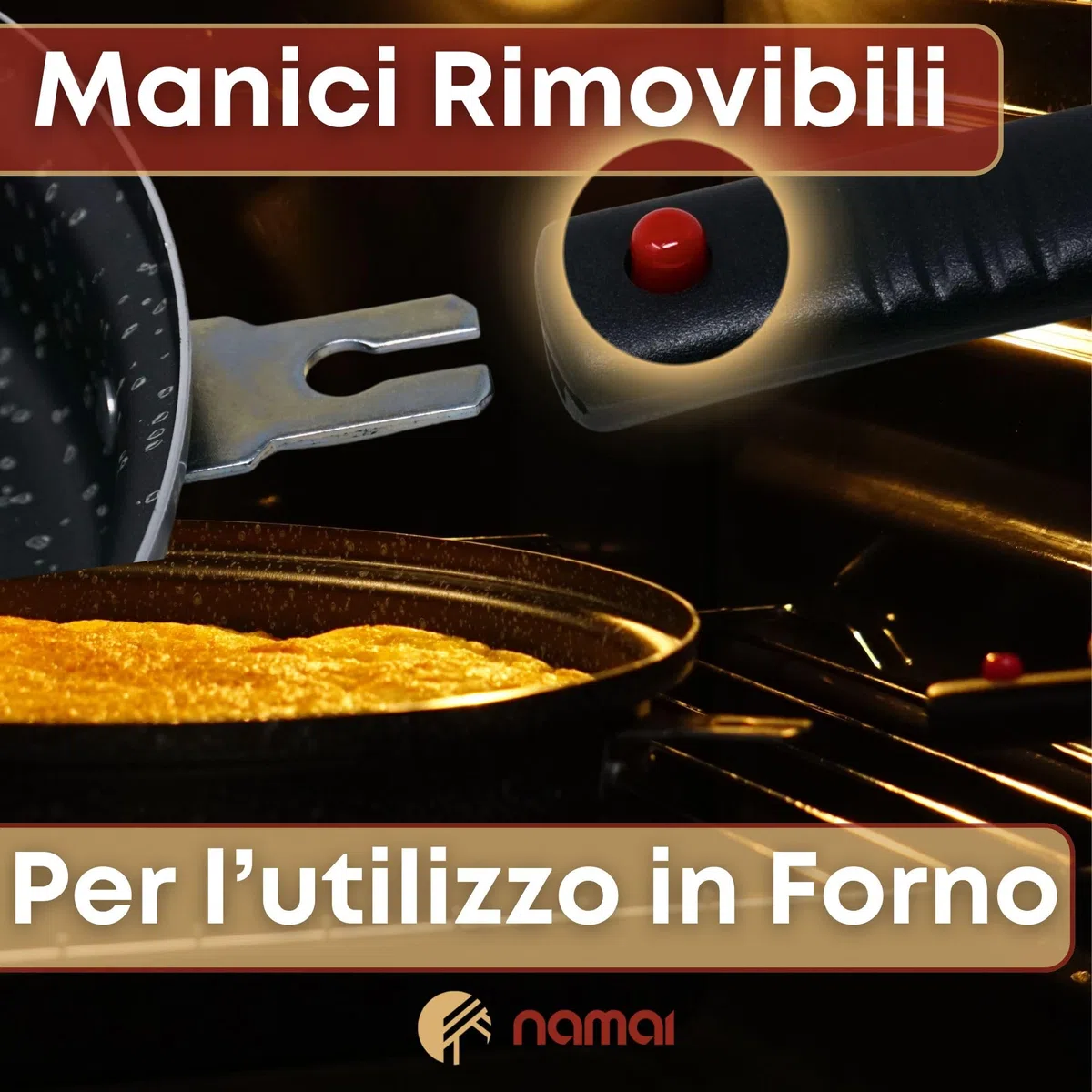 NAMAI - Padella Per Frittata 28 CM, Materiale Alluminio, Adatto In Lavastoviglie, Manico Removibile, Girafrittata Antiaderente, No Induzione, Made In Italy (28 CM)