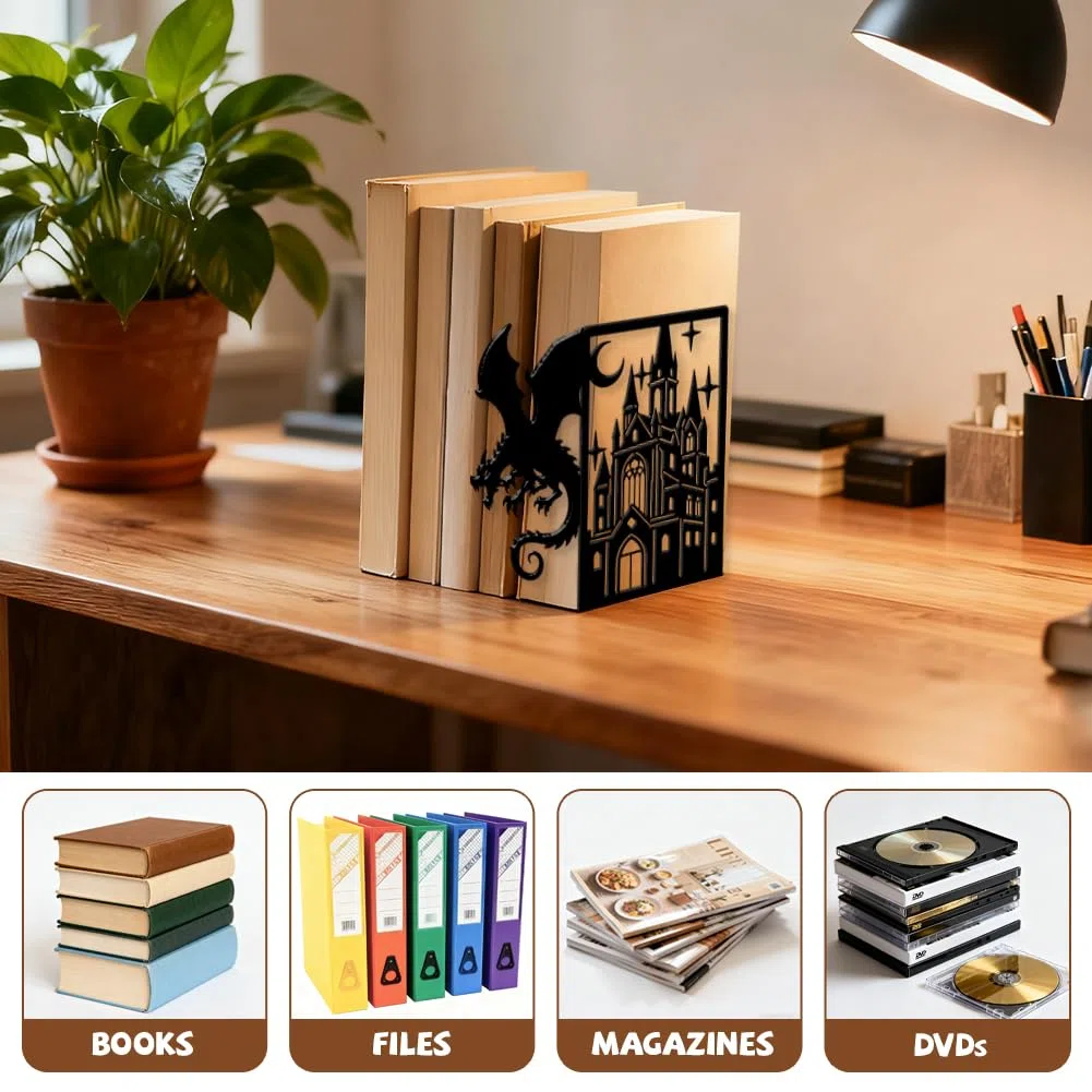 Peacoblue Fermalibri decorativo moderno con lucchetto e luna, in metallo, per libri pesanti, 14 x 11 x 21 cm, per decorazione della casa, libreria e ufficio, 1 paio