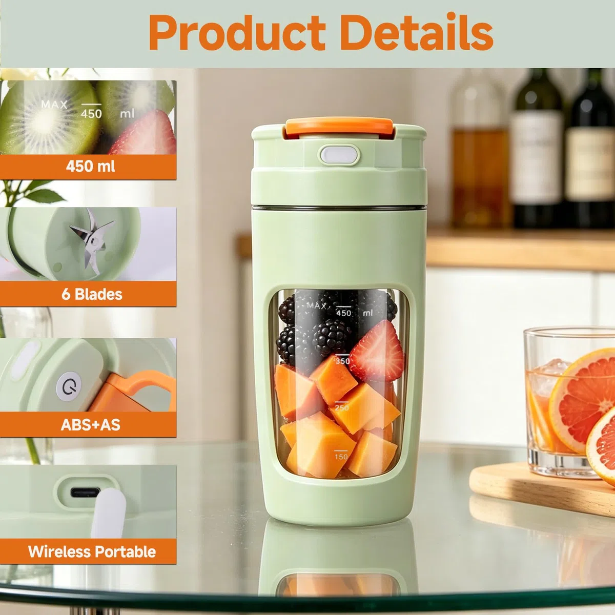 Frullatore Portatile, 500 ml Ricaricabile Mini Frullatore Personale con 4 Lame in Acciaio Inox, Bicchiere da Viaggio con Coperchio Antiperdita, per Frullati, Succhi e Frutta Congelata