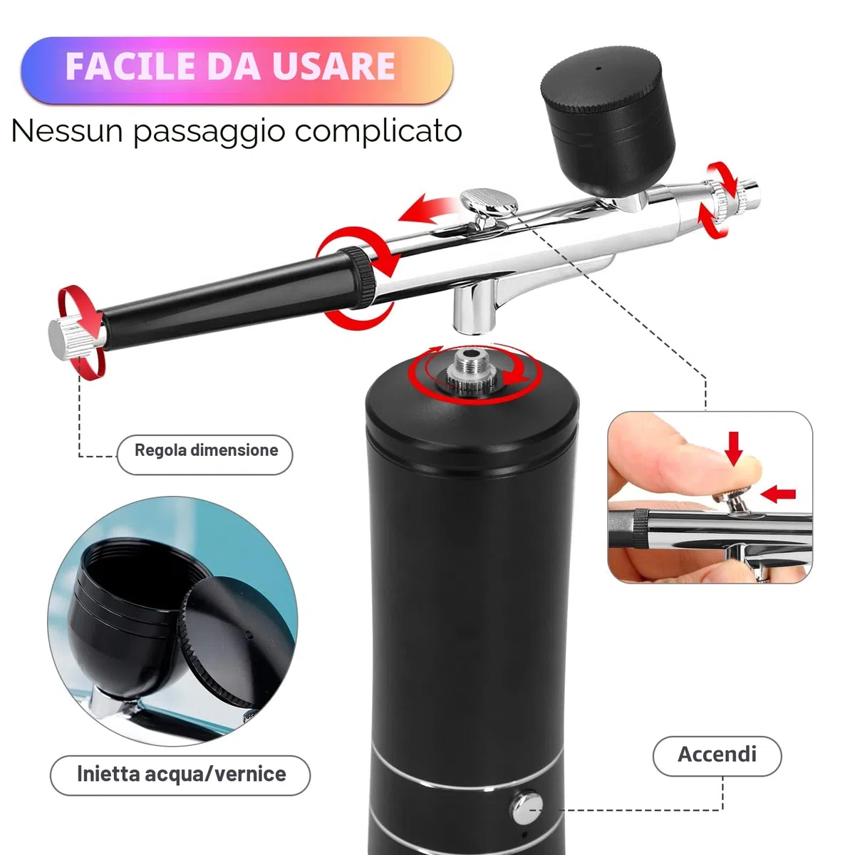 Kit Aerografo con Compressore – 23-27PSI, Senza Fili e Ricaricabile, Ugello 0,3mm, Facile da Pulire e Anti-Intasamento – Per Nail Art, Trucco, Pittura e Modellismo