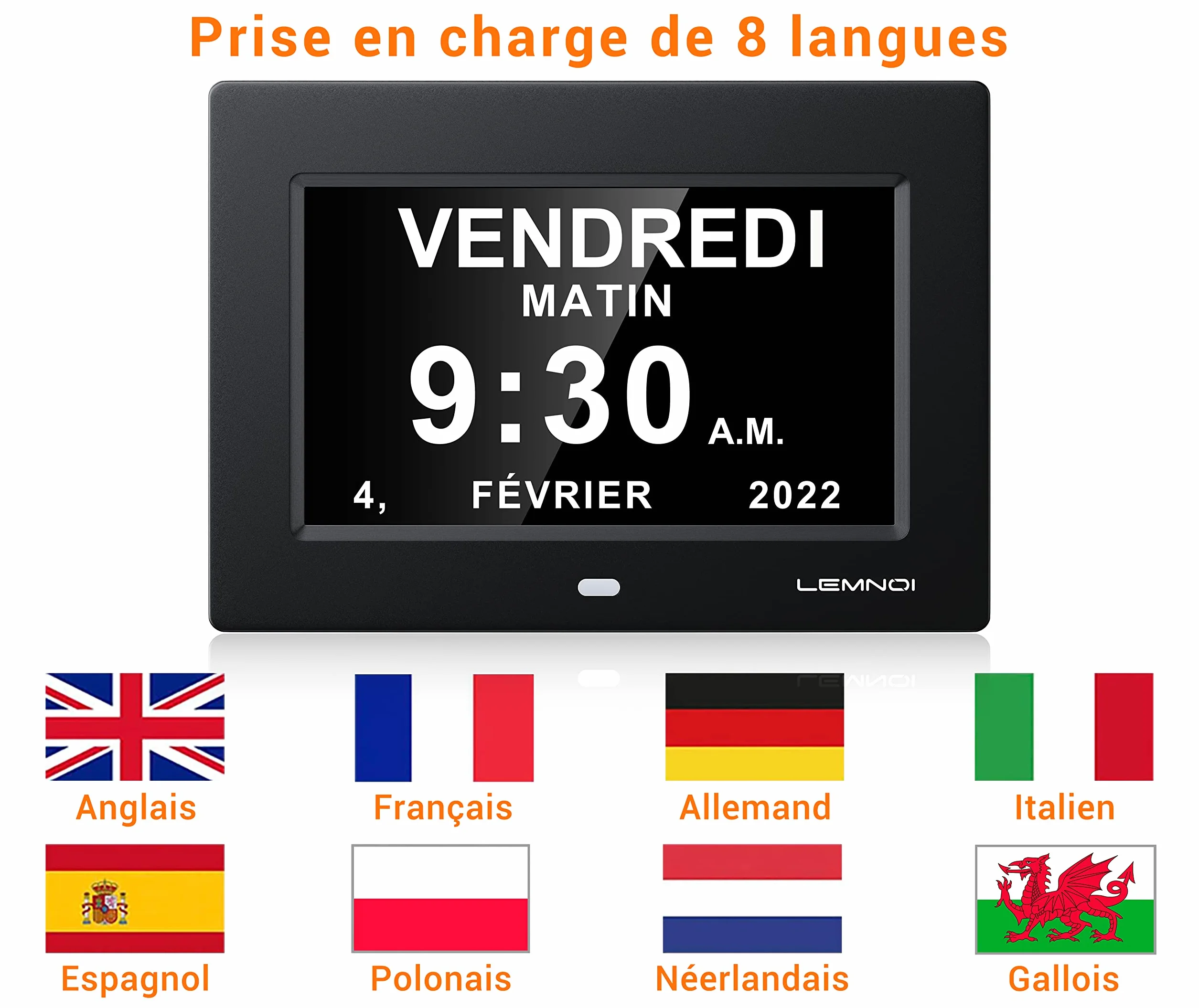 LEMNOI Orologio digitale da 7" pollici, con data, giorno e ora, orologio non dimmerato, 8 lingue, HD, visualizzazione promemoria per persone anziane e bambini
