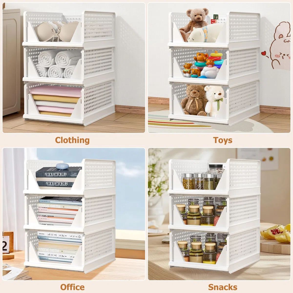 Organizer Armadio Cassettiere, Set di 4 Organizer Pieghevole Impilabili in Plastica per Armadio per Vestiti, Camera da letto, Casa, Cucina, Bagno, Bianco (43 x 33 x 72cm)