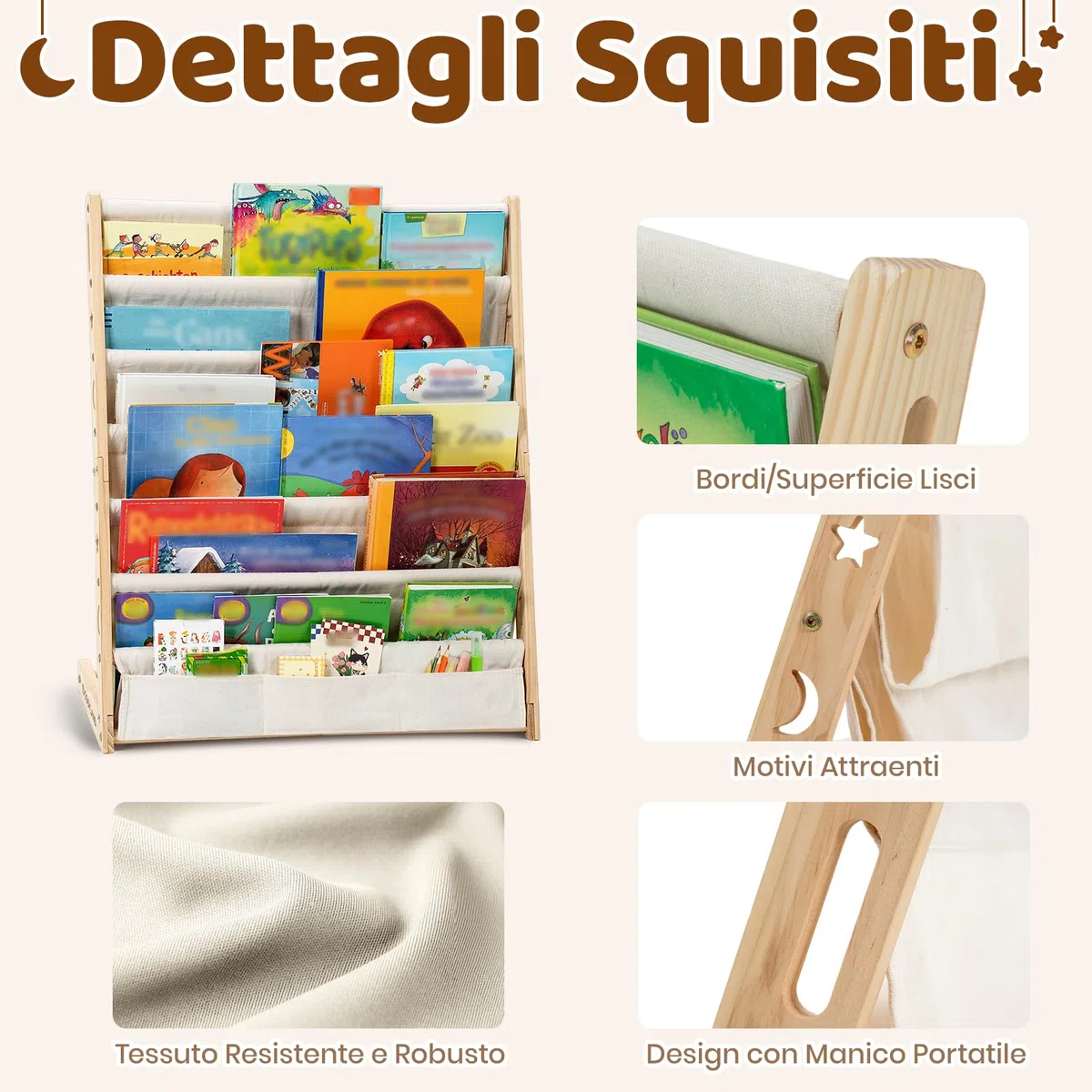 COSYLAND Libreria Montessori per Bambini Con 6 Scomparti in Tessuto Oxford - Libreria per Bambini in Legno Naturale - Libreria Montessori Con Bordi Arrotondati e Design Spazio-Saving(Naturale)