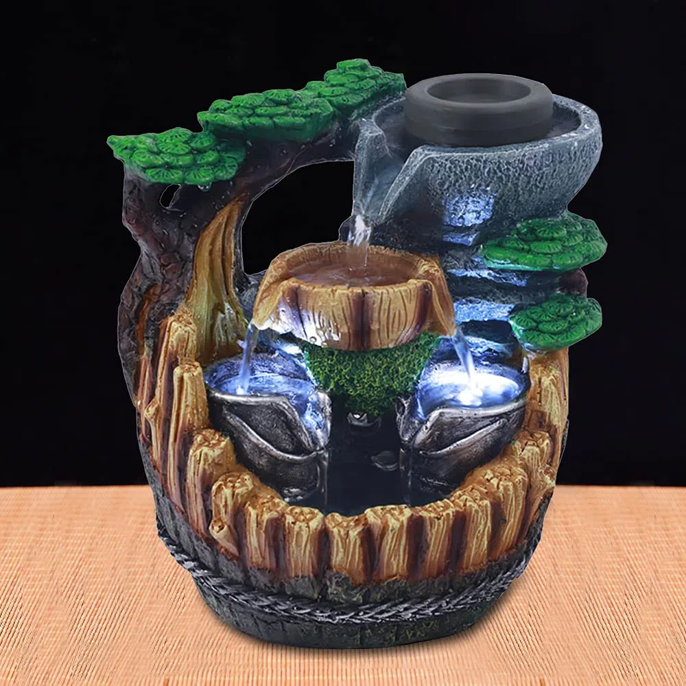 Fontana da scrivania con fontana da tavolo a LED, lampada da tavolo, fontana d'acqua, fontana a cascata, gioco d'acqua effetto pietra, ornamento Feng Shui Zen Fontana
