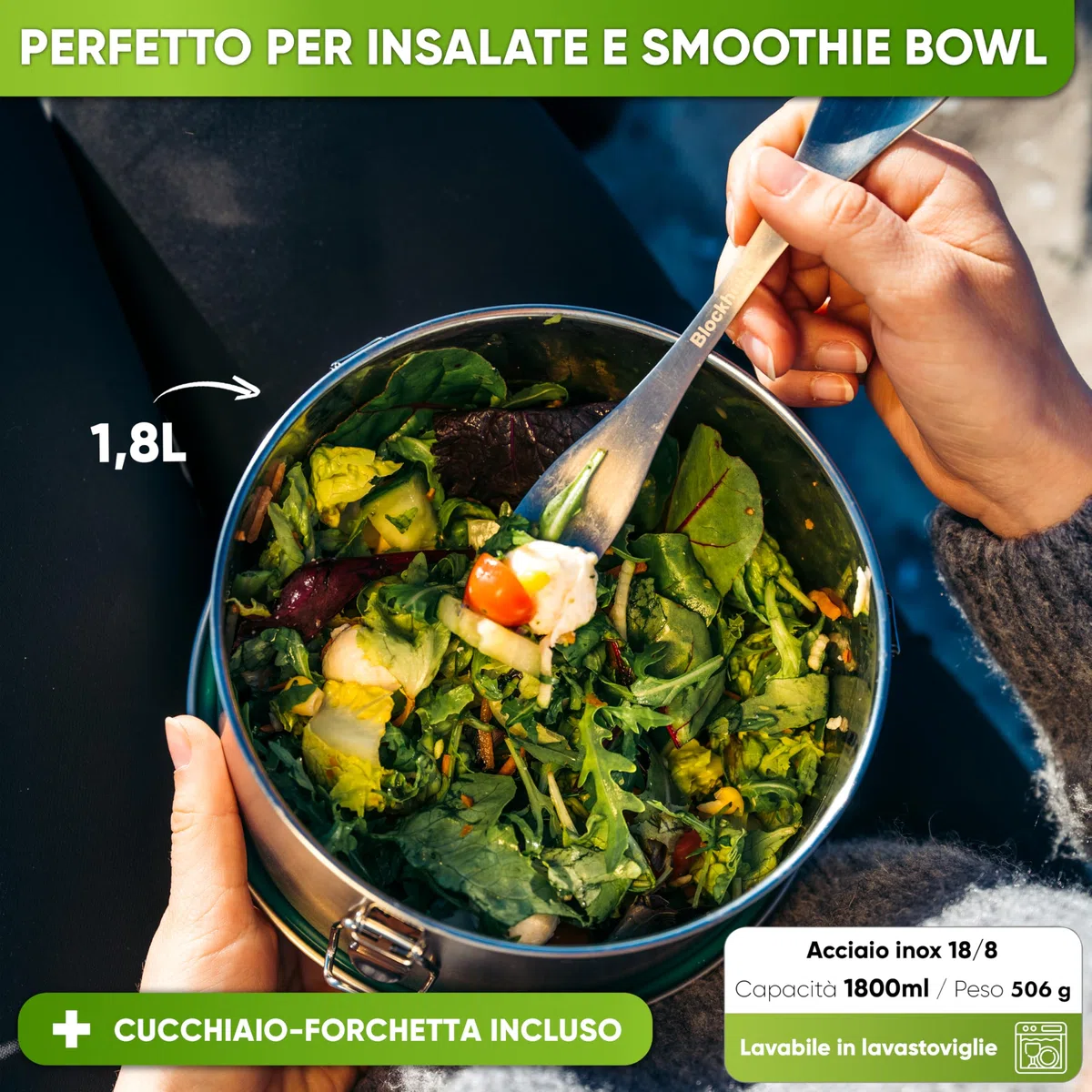 Blockhütte Portapranzo, Lunch Box Acciaio Inox Rotondo I 1800ml I Lunchbox con Cucchiaio e due Guarnizioni, Porta Pranzo Ermetico, Bento Box a Prova di Perdite, Contenitore Pranzo, Portavivande