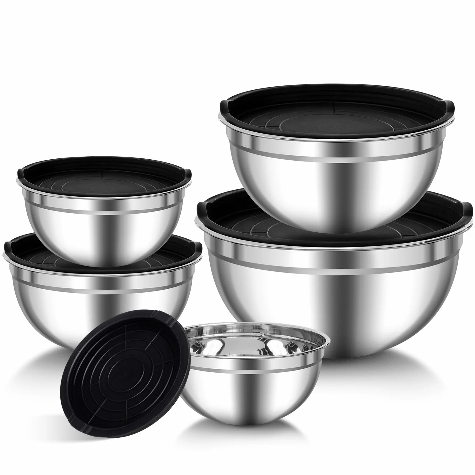 Zanfqvo Ciotole Miscelatori in Acciaio Inox, Set di 5 Insalatiera con Coperchio Ermetico, 0.7L/ 1.1L/ 1.5L/ 2.7L/ 4.5L, Ciotola Impilabili in Metallo, Lavabili in Lavastoviglie, insalatiere mescolare