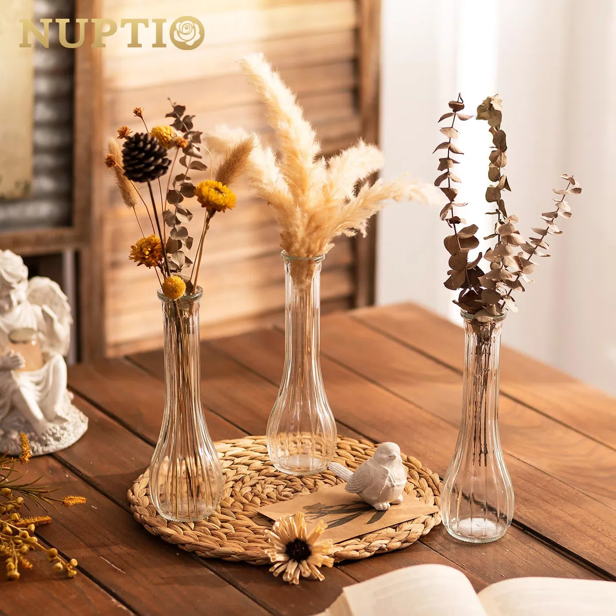 NUPTIO Piccoli Vaso Fiori Vetro: 6 Pezzi 21,7cm Vasi Trasparenti Centrotavola per Decorazioni Matrimonio - Vaso Decorativo da Interno Striato per Casa Festa Soggiorno