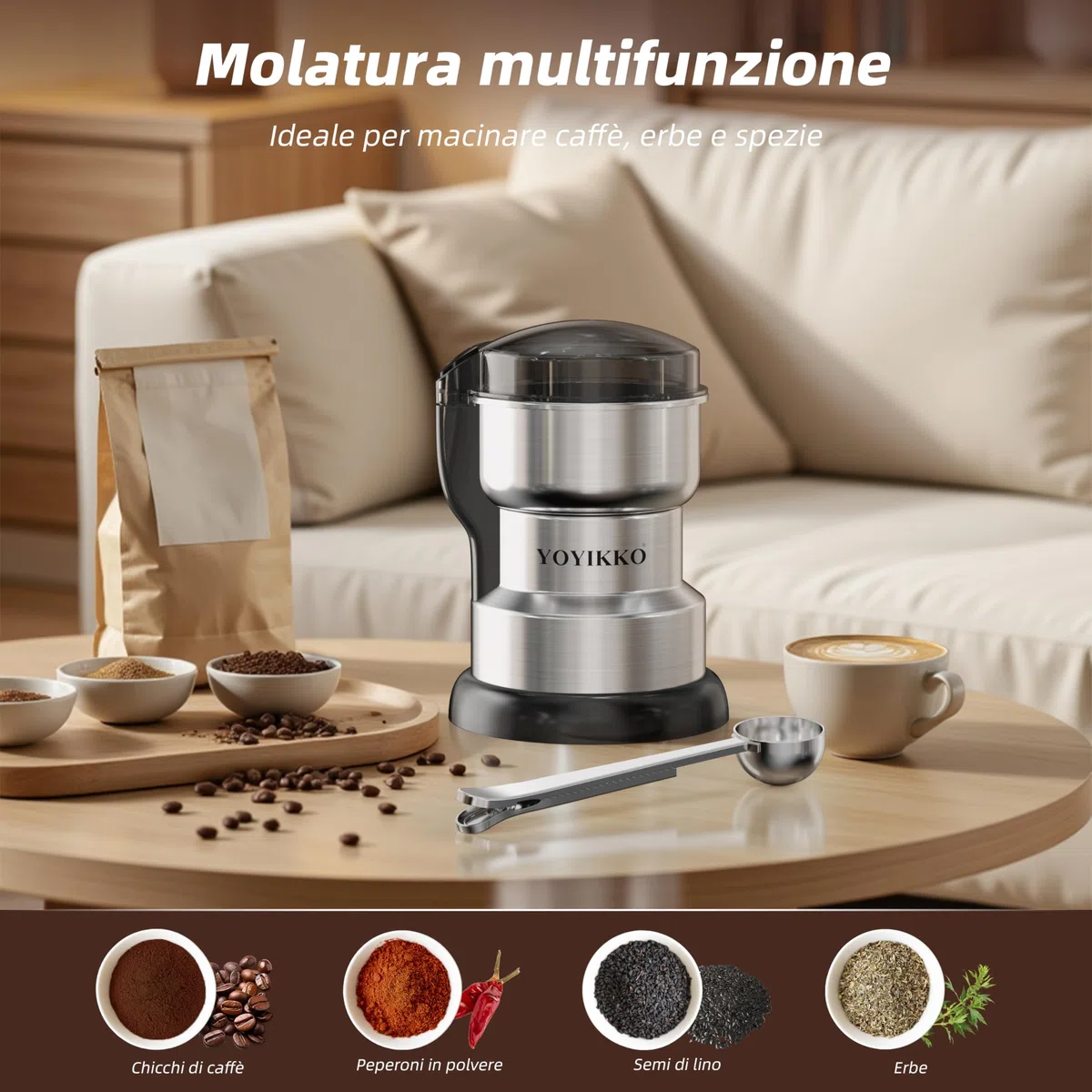 Macina Caffe' Elettrico 300W, Macinacaffè, Macinatura Regolabile Macina Caffe per Espresso/Gocciolamento/Versamento. Macinacaffè Per caffè, spezie e altri alimenti (Argento-210)