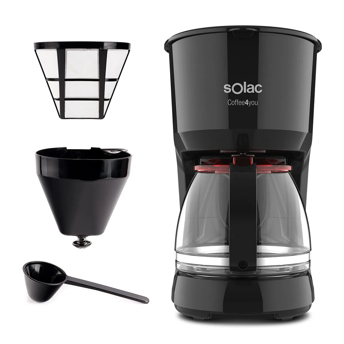 Solac CF4036 Coffee4You - Caffettiera a goccia, 1,25 l, fino a 12 tazze, caraffa in vetro, antigoccia automatico, piastra riscaldante, lavabile con filtro permanente, 750 W, nera, rossa