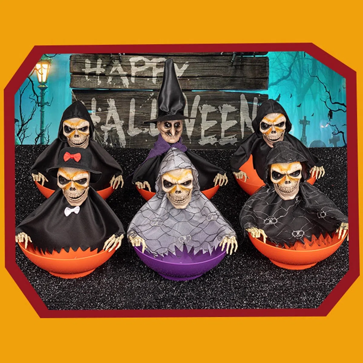 Porta caramelle scheletro attivato con teschio urlante e occhi rossi illuminati per decorazioni di Halloween