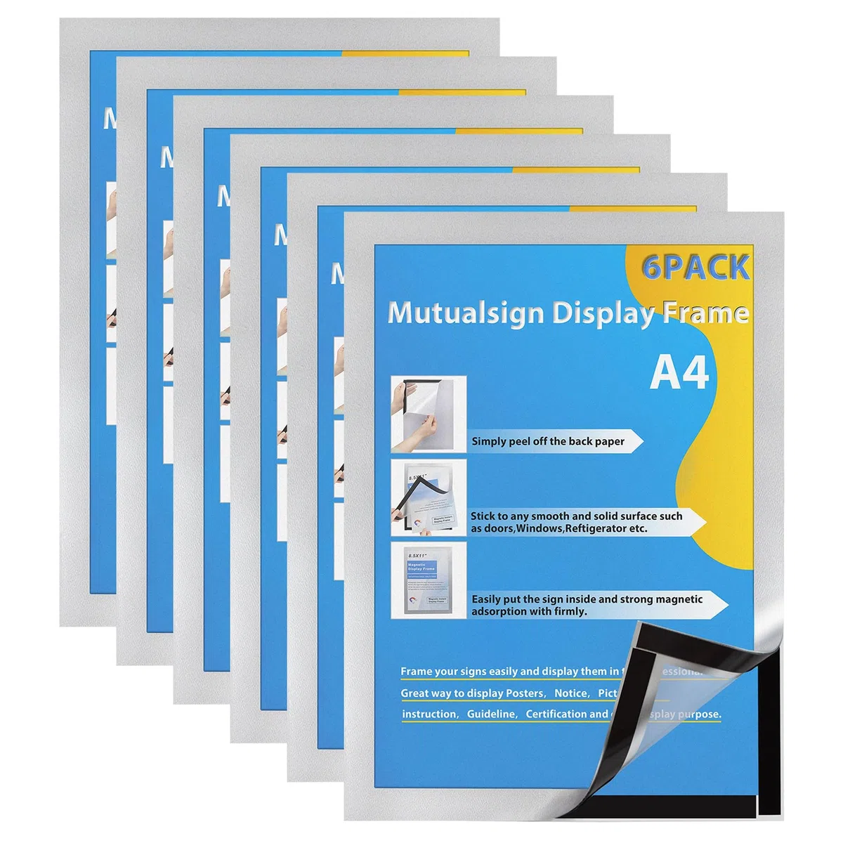 A4 Cornice Magnetica Autoadesiva per Espositore, Magnetic Cornice per Display su Superfici Lisce e Solide, Cambio Rapido, Confezione da 6, Argento