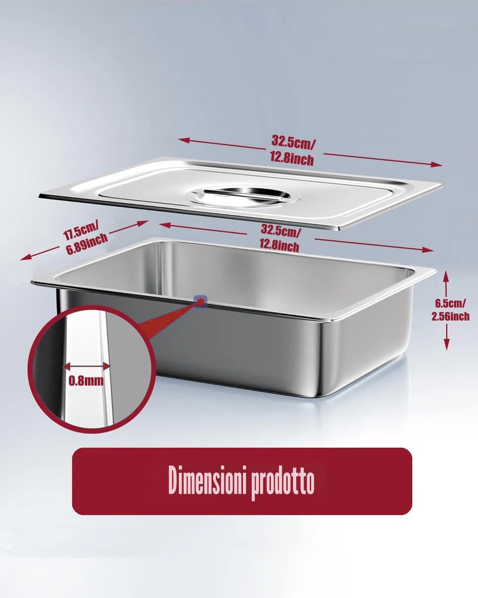 Set ciotole per impanare 3 pezzi, Contenitore GN 1/3, Contenitori acciaio con coperchio, 32,5 x 17,5 x 6,5 cm, cotoletta carne - linea per impanare in metallo rettangolare