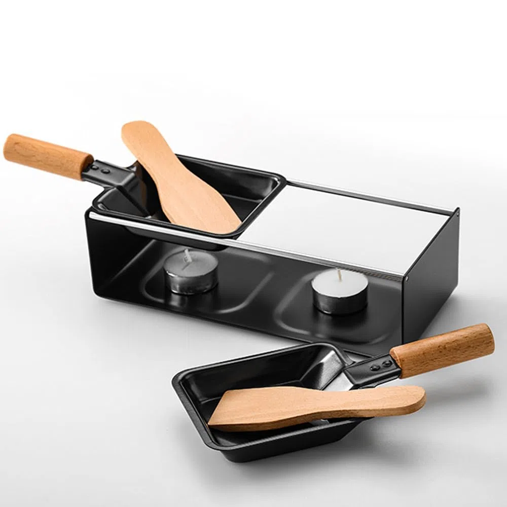 Set per fonduta di formaggio, 2 spatole e 2 padelle per formaggio