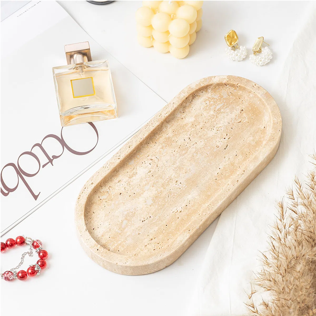 Italy - Vassoio ovale in marmo, piccolo, per gioielli, candele, profumo, nippes, bagno, cassettiera, cucina, organizer per la decorazione della casa, travertino beige BH102