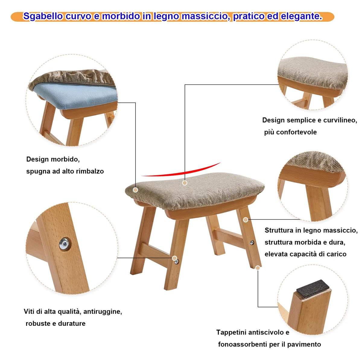 Aibiju Poggiapiedi in Legno, Pouf in Tessuto di Lino,Pouf Ottomano con Seduta Imbottita Gambe in Legno di Pino e Imbottite per camera da letto, soggiorno, (Gambe Naturali + Cuscino Beige), YDEU-1358