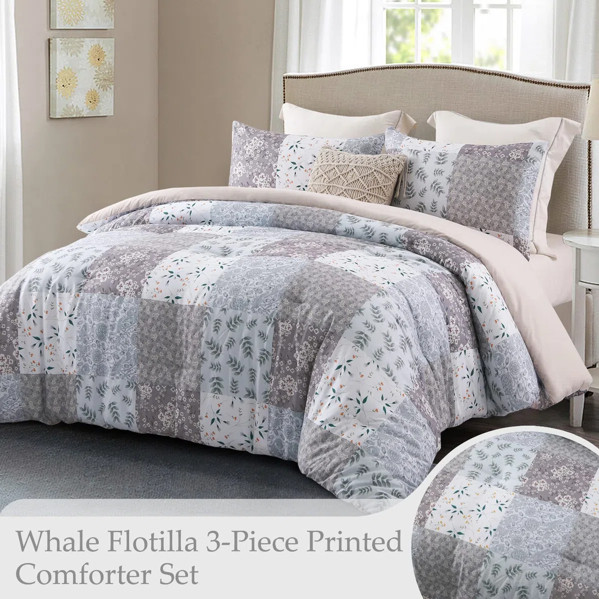 Whale Flotilla Piumino 220 x 230 cm, Trapunta Traspirante e super morbido, Piumone per 4 Stagioni con 2 Federe, motivo a Quadri, Grigio