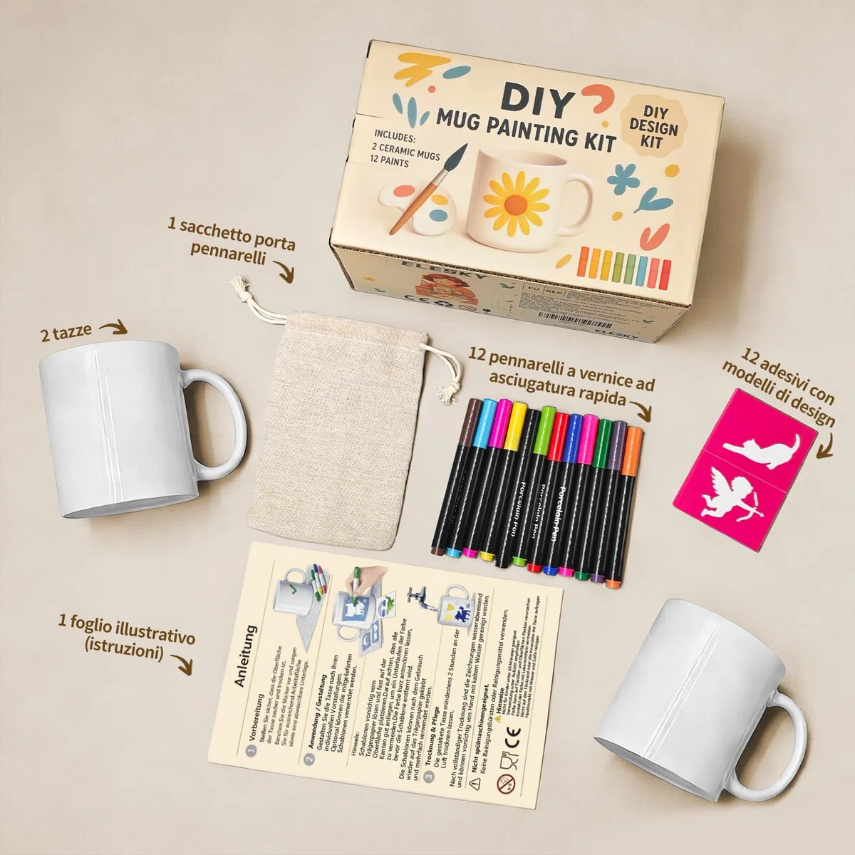 Kit Tazze da Dipingere 2 Tazze in Ceramica da Decorare 12 Pennarelli per Porcellana a Asciugatura Rapida 12 Stencil Design (24 Motivi) Astuccio & Istruzioni – Set Fai da Te Regalo