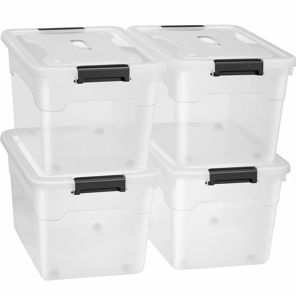 BAKAJI Set 4 Contenitori con Coperchio per Vesiti in Plastica con Ruote, Portaoggetti Impilabile per Stoccaggio Vestiti, Scatole per armadio, Giocattoli, Libri, Salvaspazio (4 x 45 Lt Alto)