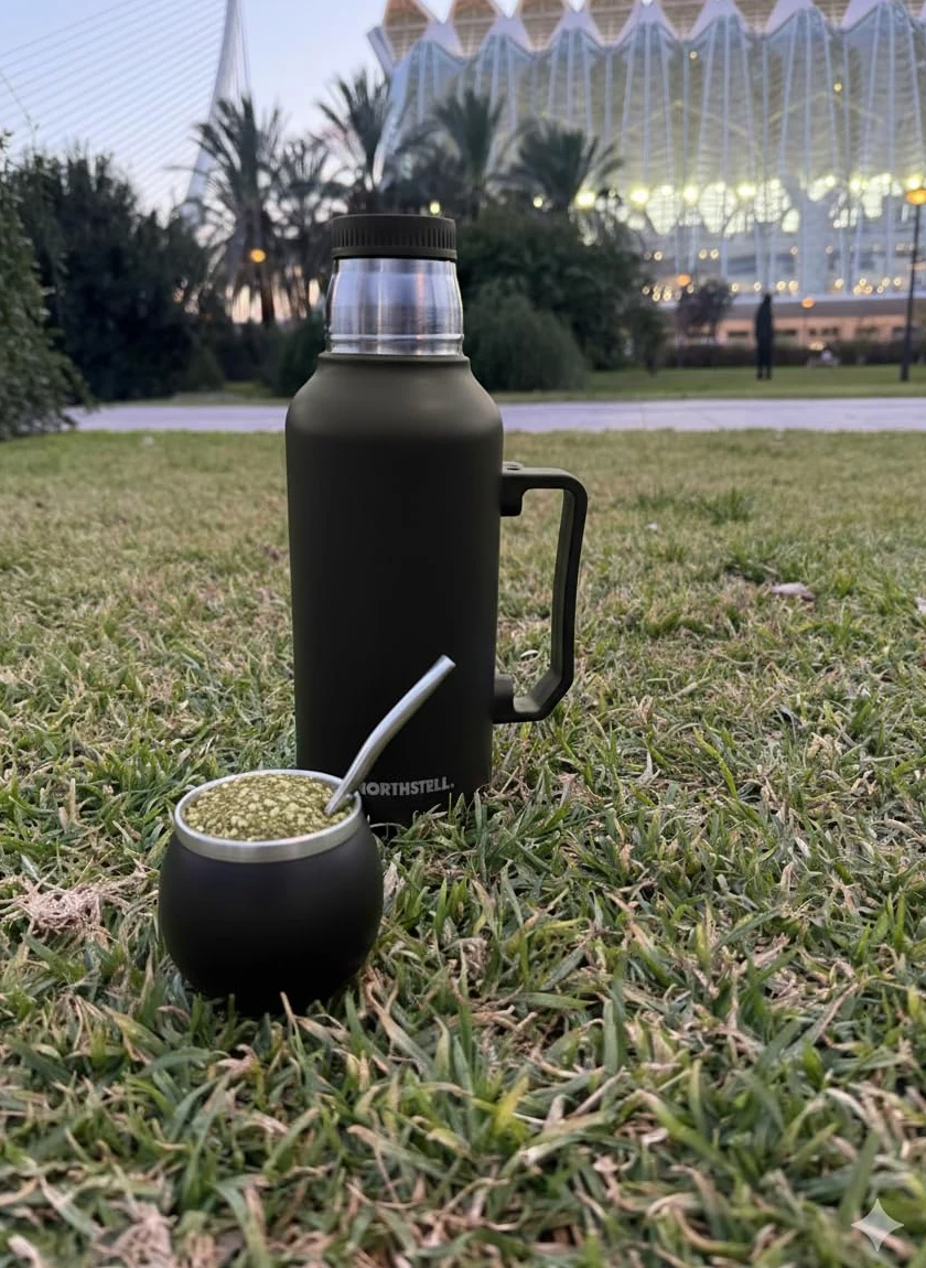 Thermo per Mate Argentino 1,3L in Acciaio Inox con Tappo che Diventa Mate e Bombilla Integrata – Borraccia Termica Grande 1300ml Doppia Parete, Senza BPA, Mantiene Caldo e Freddo (Nero)