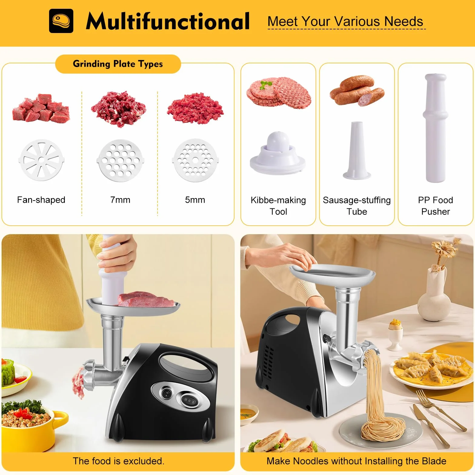 Tritacarne elettrico da 2800 W, in acciaio inox, multifunzione, con 1,5 kg di carne al minuto, Meat Grinder Electric con 3 piastre abrasive in acciaio inox, nero