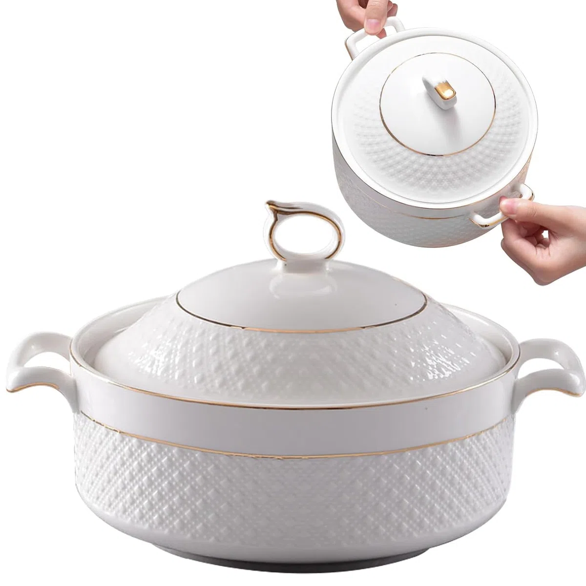 Zuppiera In Ceramica Con Coperchio,Ciotole Da Portata Porcellana Di Grande Capacità,Con Finiture Oro Bianco 1.5l,Per Feste Casa,Cene Famiglia,Adatte Al Microonde E All'Overclocking(With gold rim)