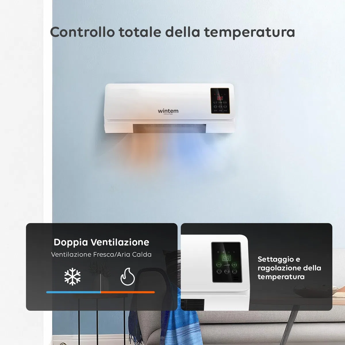 Wintem Stufa e Ventilazione Leggera da Parete fino a 2000W per Aria Calda - Silenzioso con Display LED, Telecomando IR Fissa Compatta Ideale per Piccoli Ambienti