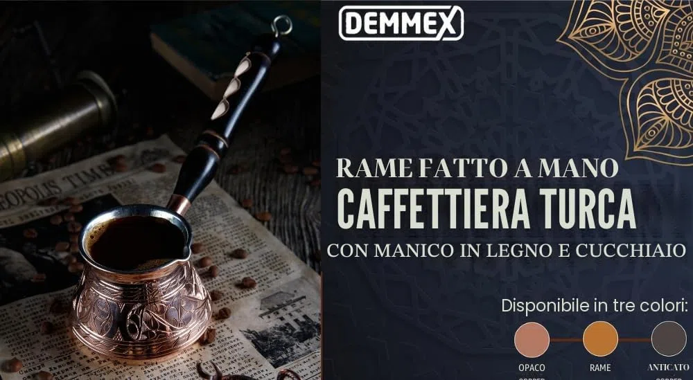 DEMMEX Cezve Turca in Rame Massiccio, Ibrik Arabo Greco, Pentolino per Caffè Stovetop con Manico in Legno e Cucchiaino, Fatto a Mano in Turchia, 270 ml (Inciso)