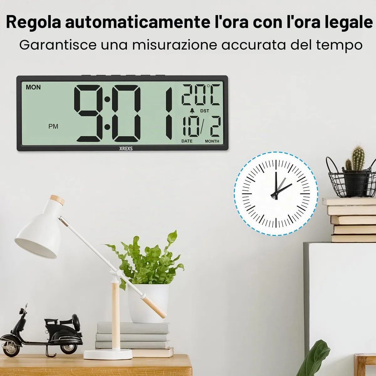 XREXS Orologio Digitale da Parete da 14,5 pollici, Valendario, Temperatura, Funzione DST, Gunzionamento a Batteria, per Vamera da Letto, Doggiorno, Sula, Ufficio (Nero)